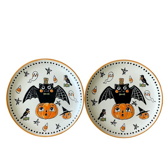 Eli + Ana Halloween CREEP SHOW Salad Plates 8in Set 2 Ceramic Vintage Inspired - Picture 1 of 10